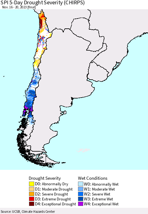 Chile SPI 5-Day Drought Severity (CHIRPS) Thematic Map For 11/16/2023 - 11/20/2023