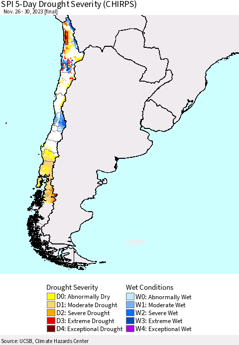 Chile SPI 5-Day Drought Severity (CHIRPS) Thematic Map For 11/26/2023 - 11/30/2023