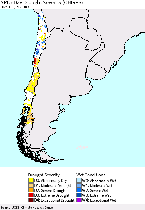 Chile SPI 5-Day Drought Severity (CHIRPS) Thematic Map For 12/1/2023 - 12/5/2023