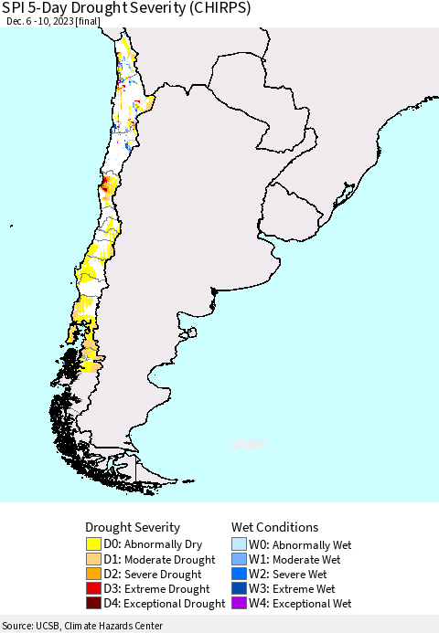 Chile SPI 5-Day Drought Severity (CHIRPS) Thematic Map For 12/6/2023 - 12/10/2023