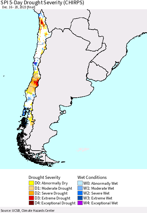 Chile SPI 5-Day Drought Severity (CHIRPS) Thematic Map For 12/16/2023 - 12/20/2023