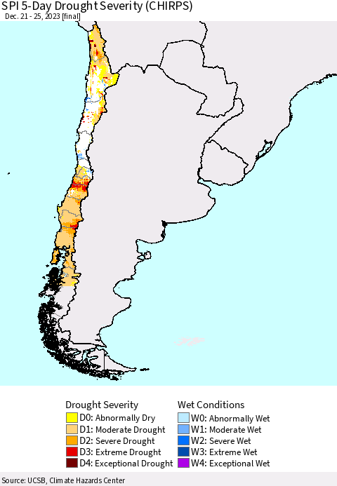 Chile SPI 5-Day Drought Severity (CHIRPS) Thematic Map For 12/21/2023 - 12/25/2023