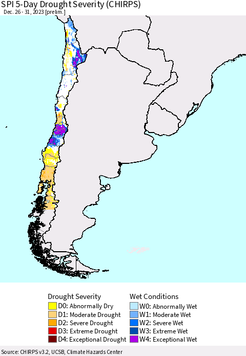 Chile SPI 5-Day Drought Severity (CHIRPS) Thematic Map For 12/26/2023 - 12/31/2023