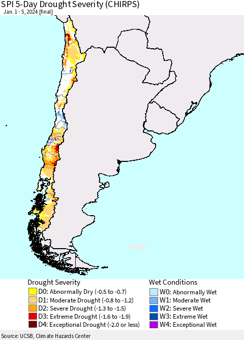 Chile SPI 5-Day Drought Severity (CHIRPS) Thematic Map For 1/1/2024 - 1/5/2024