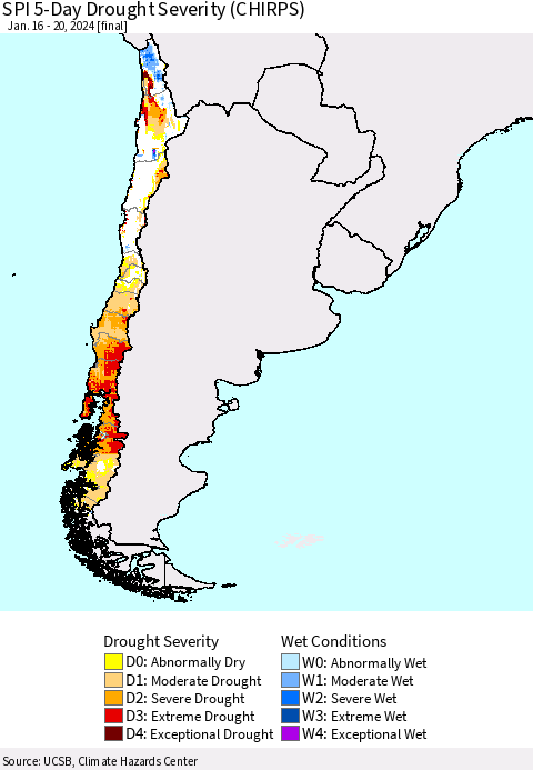 Chile SPI 5-Day Drought Severity (CHIRPS) Thematic Map For 1/16/2024 - 1/20/2024