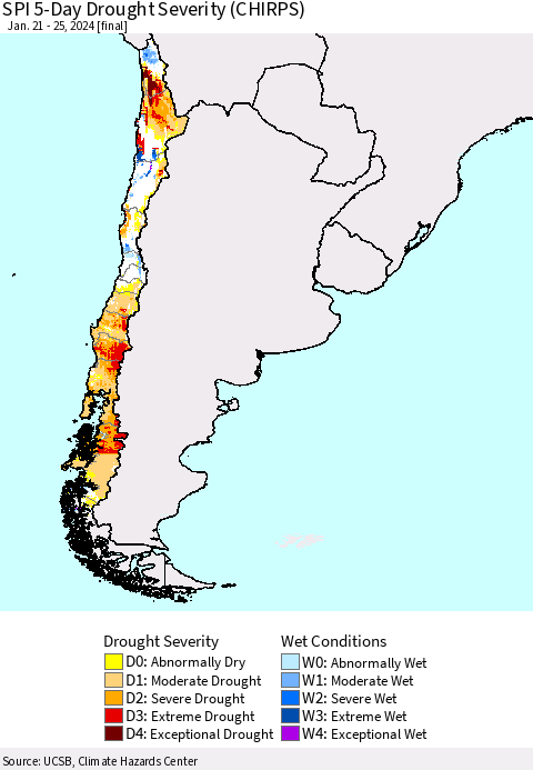 Chile SPI 5-Day Drought Severity (CHIRPS) Thematic Map For 1/21/2024 - 1/25/2024