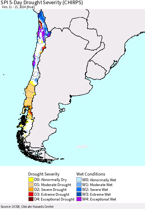 Chile SPI 5-Day Drought Severity (CHIRPS) Thematic Map For 2/11/2024 - 2/15/2024