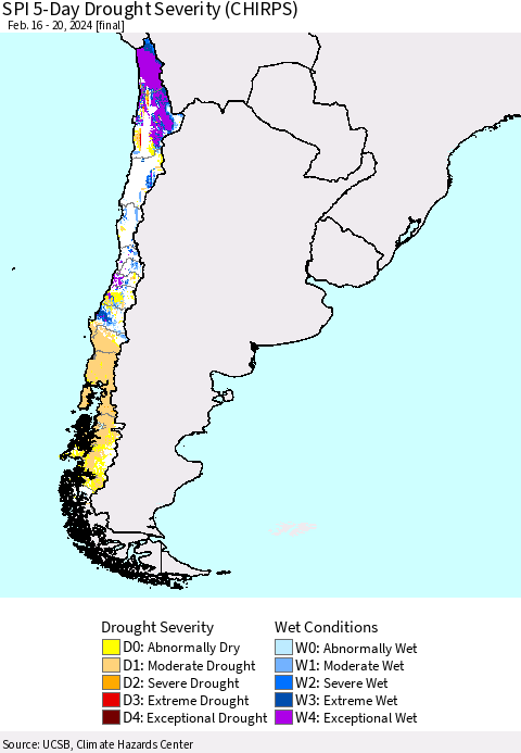 Chile SPI 5-Day Drought Severity (CHIRPS) Thematic Map For 2/16/2024 - 2/20/2024