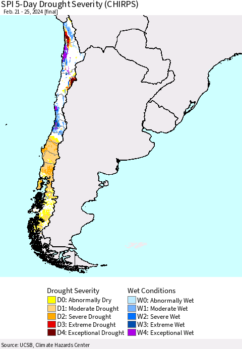 Chile SPI 5-Day Drought Severity (CHIRPS) Thematic Map For 2/21/2024 - 2/25/2024
