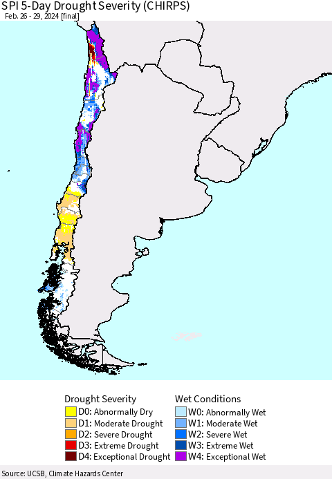 Chile SPI 5-Day Drought Severity (CHIRPS) Thematic Map For 2/26/2024 - 2/29/2024