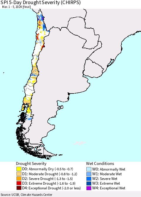 Chile SPI 5-Day Drought Severity (CHIRPS) Thematic Map For 3/1/2024 - 3/5/2024