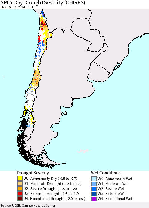 Chile SPI 5-Day Drought Severity (CHIRPS) Thematic Map For 3/6/2024 - 3/10/2024