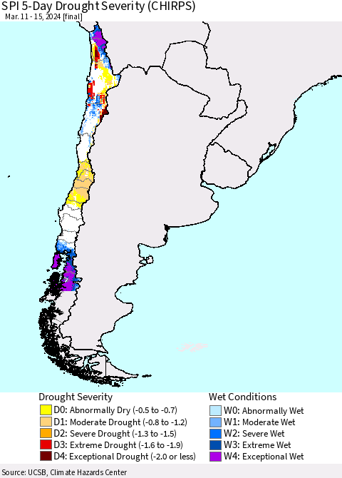 Chile SPI 5-Day Drought Severity (CHIRPS) Thematic Map For 3/11/2024 - 3/15/2024