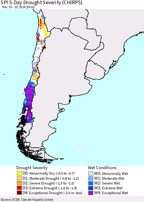 Chile SPI 5-Day Drought Severity (CHIRPS) Thematic Map For 3/16/2024 - 3/20/2024