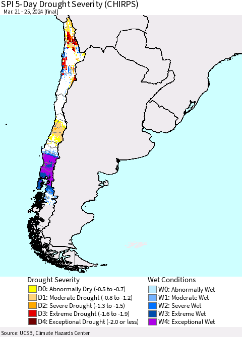Chile SPI 5-Day Drought Severity (CHIRPS) Thematic Map For 3/21/2024 - 3/25/2024