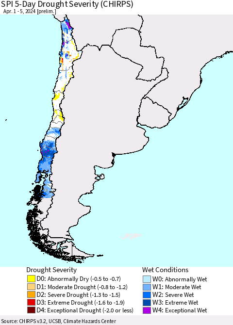 Chile SPI 5-Day Drought Severity (CHIRPS) Thematic Map For 4/1/2024 - 4/5/2024