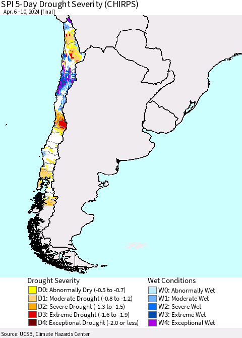 Chile SPI 5-Day Drought Severity (CHIRPS) Thematic Map For 4/6/2024 - 4/10/2024