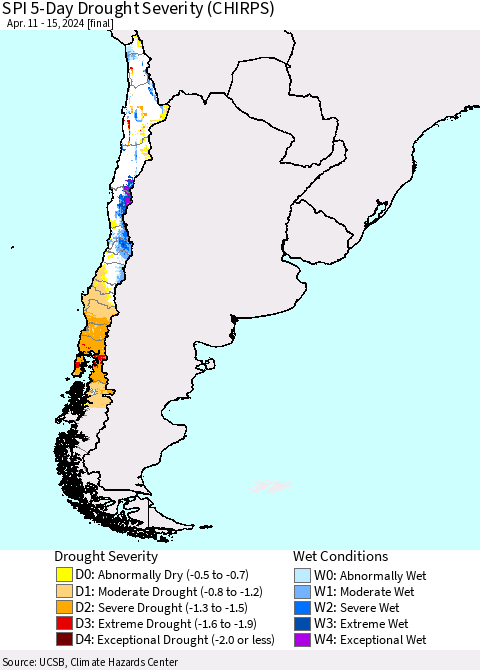 Chile SPI 5-Day Drought Severity (CHIRPS) Thematic Map For 4/11/2024 - 4/15/2024