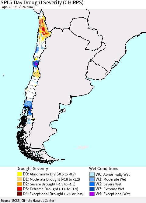 Chile SPI 5-Day Drought Severity (CHIRPS) Thematic Map For 4/21/2024 - 4/25/2024