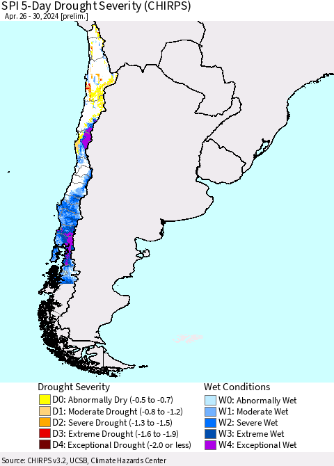 Chile SPI 5-Day Drought Severity (CHIRPS) Thematic Map For 4/26/2024 - 4/30/2024