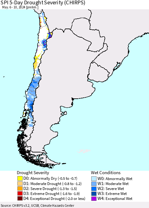 Chile SPI 5-Day Drought Severity (CHIRPS) Thematic Map For 5/6/2024 - 5/10/2024
