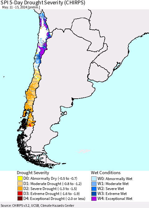 Chile SPI 5-Day Drought Severity (CHIRPS) Thematic Map For 5/11/2024 - 5/15/2024