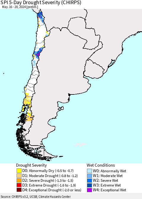 Chile SPI 5-Day Drought Severity (CHIRPS) Thematic Map For 5/16/2024 - 5/20/2024