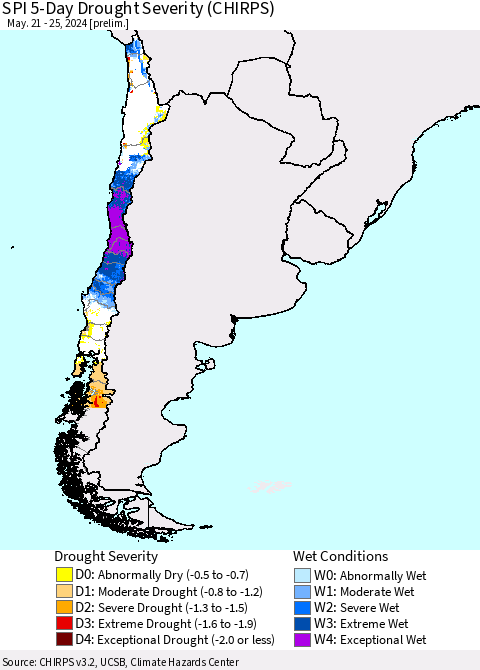 Chile SPI 5-Day Drought Severity (CHIRPS) Thematic Map For 5/21/2024 - 5/25/2024