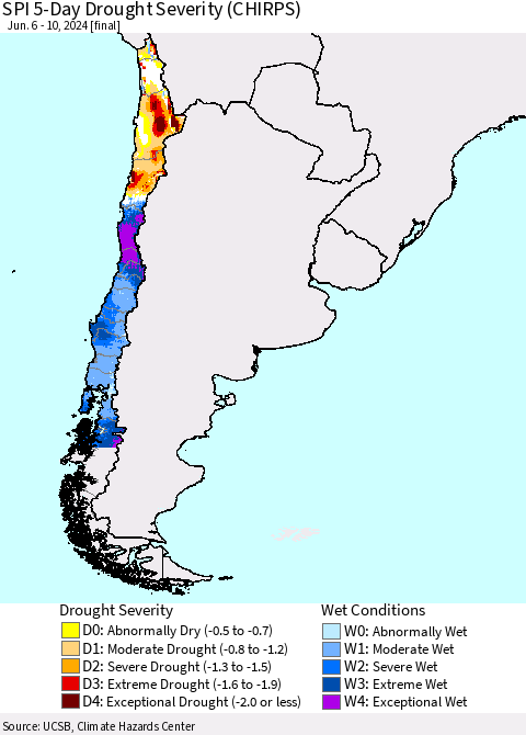 Chile SPI 5-Day Drought Severity (CHIRPS) Thematic Map For 6/6/2024 - 6/10/2024
