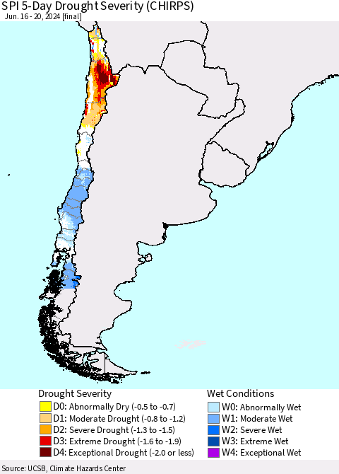 Chile SPI 5-Day Drought Severity (CHIRPS) Thematic Map For 6/16/2024 - 6/20/2024
