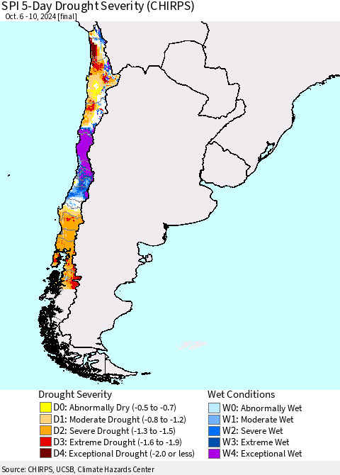 Chile SPI 5-Day Drought Severity (CHIRPS) Thematic Map For 10/6/2024 - 10/10/2024