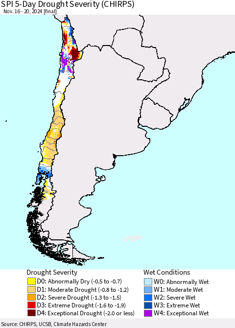 Chile SPI 5-Day Drought Severity (CHIRPS) Thematic Map For 11/16/2024 - 11/20/2024