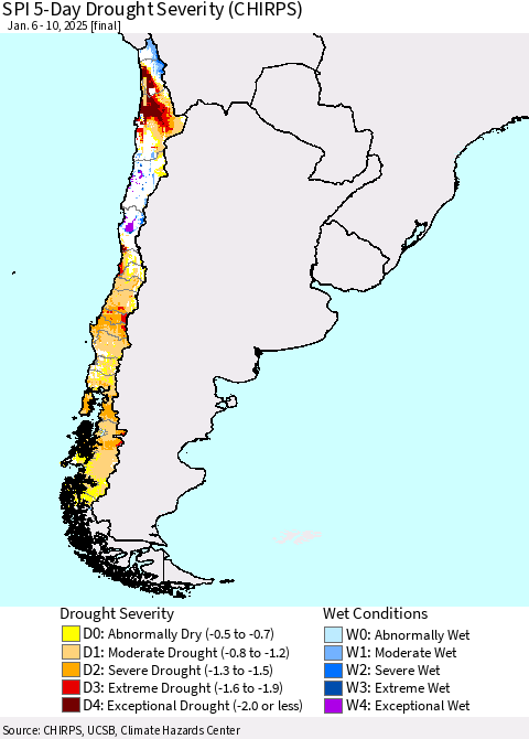 Chile SPI 5-Day Drought Severity (CHIRPS) Thematic Map For 1/6/2025 - 1/10/2025