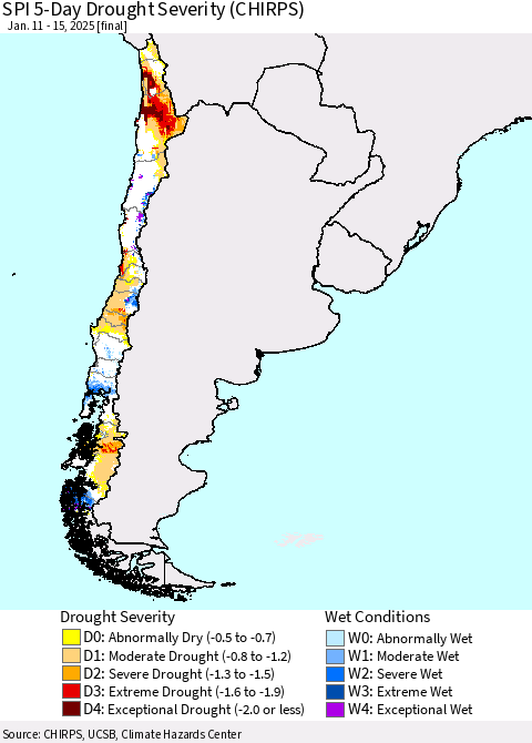 Chile SPI 5-Day Drought Severity (CHIRPS) Thematic Map For 1/11/2025 - 1/15/2025