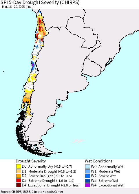 Chile SPI 5-Day Drought Severity (CHIRPS) Thematic Map For 3/16/2025 - 3/20/2025