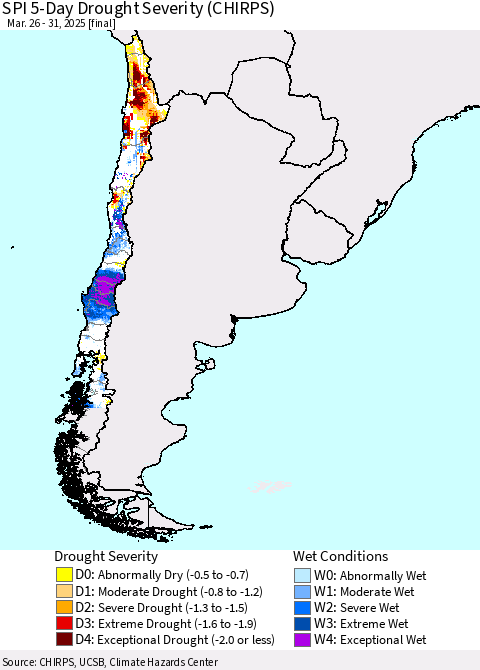 Chile SPI 5-Day Drought Severity (CHIRPS) Thematic Map For 3/26/2025 - 3/31/2025