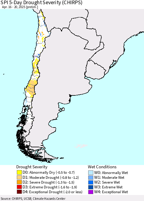 Chile SPI 5-Day Drought Severity (CHIRPS) Thematic Map For 4/16/2025 - 4/20/2025