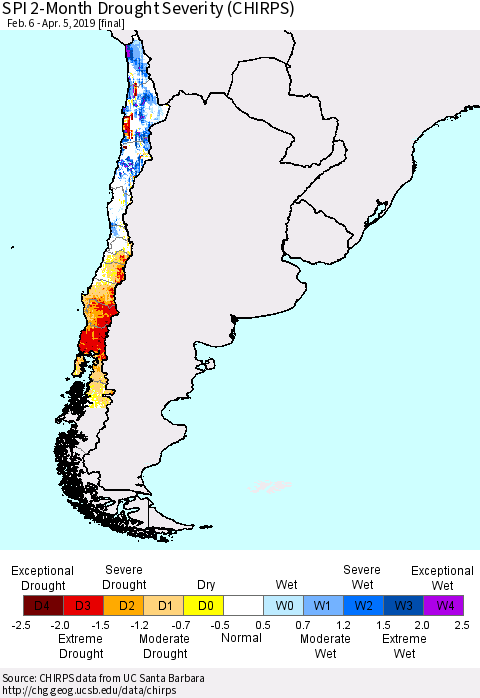 Chile SPI 2-Month Drought Severity (CHIRPS) Thematic Map For 2/6/2019 - 4/5/2019