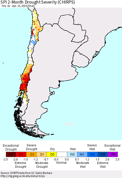 Chile SPI 2-Month Drought Severity (CHIRPS) Thematic Map For 2/16/2019 - 4/15/2019