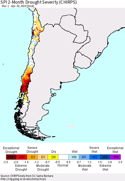 Chile SPI 2-Month Drought Severity (CHIRPS) Thematic Map For 3/1/2019 - 4/30/2019