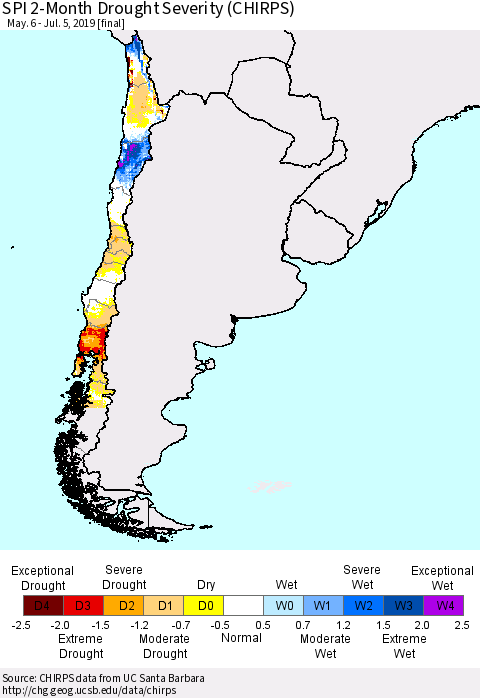 Chile SPI 2-Month Drought Severity (CHIRPS) Thematic Map For 5/6/2019 - 7/5/2019