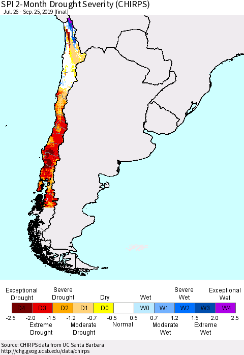 Chile SPI 2-Month Drought Severity (CHIRPS) Thematic Map For 7/26/2019 - 9/25/2019