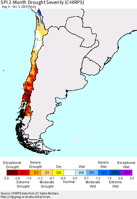 Chile SPI 2-Month Drought Severity (CHIRPS) Thematic Map For 8/6/2019 - 10/5/2019