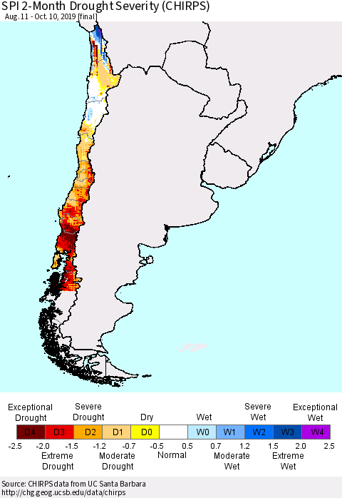 Chile SPI 2-Month Drought Severity (CHIRPS) Thematic Map For 8/11/2019 - 10/10/2019