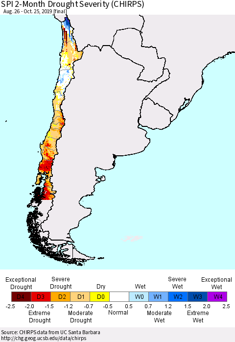 Chile SPI 2-Month Drought Severity (CHIRPS) Thematic Map For 8/26/2019 - 10/25/2019