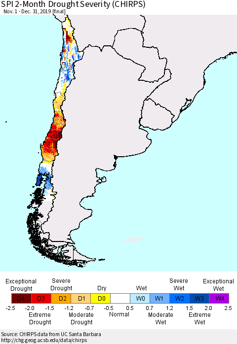 Chile SPI 2-Month Drought Severity (CHIRPS) Thematic Map For 11/1/2019 - 12/31/2019