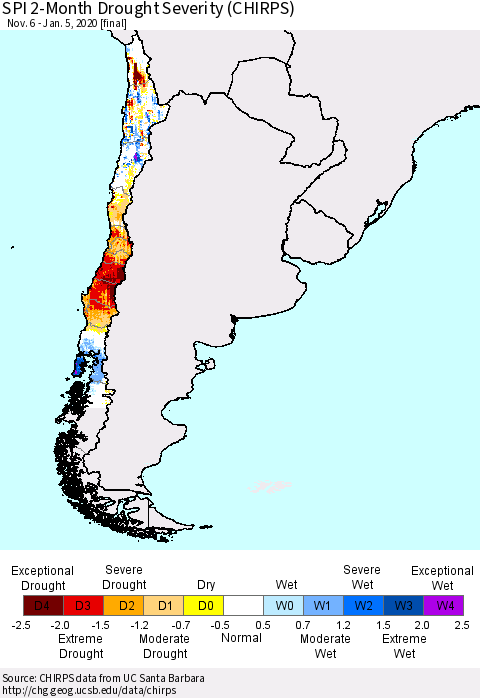 Chile SPI 2-Month Drought Severity (CHIRPS) Thematic Map For 11/6/2019 - 1/5/2020