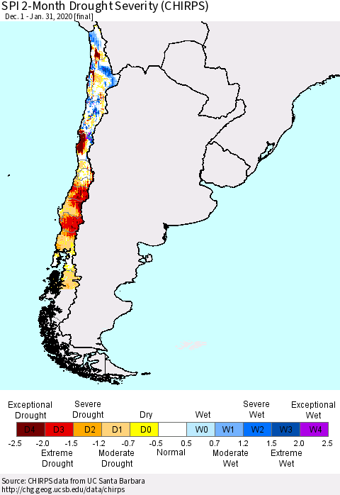 Chile SPI 2-Month Drought Severity (CHIRPS) Thematic Map For 12/1/2019 - 1/31/2020