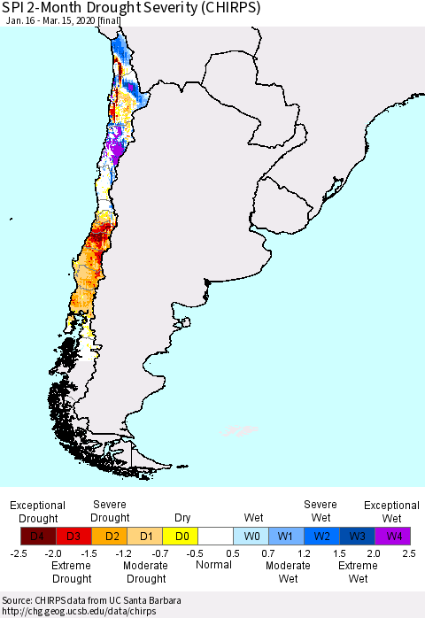 Chile SPI 2-Month Drought Severity (CHIRPS) Thematic Map For 1/16/2020 - 3/15/2020