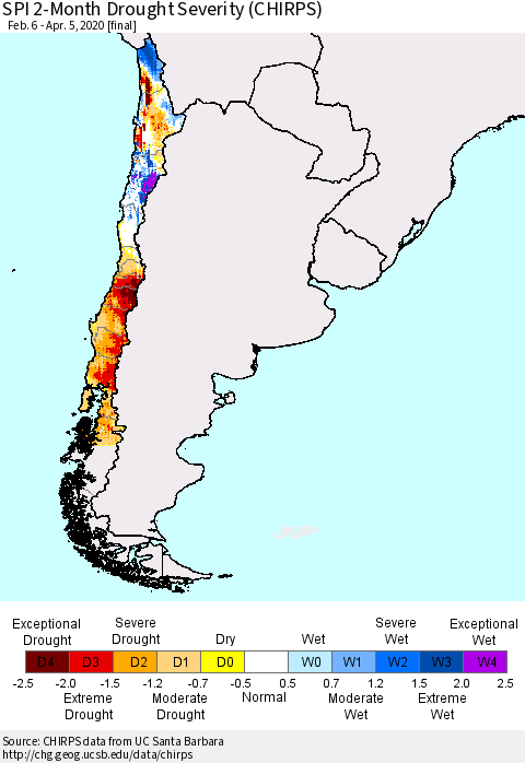 Chile SPI 2-Month Drought Severity (CHIRPS) Thematic Map For 2/6/2020 - 4/5/2020